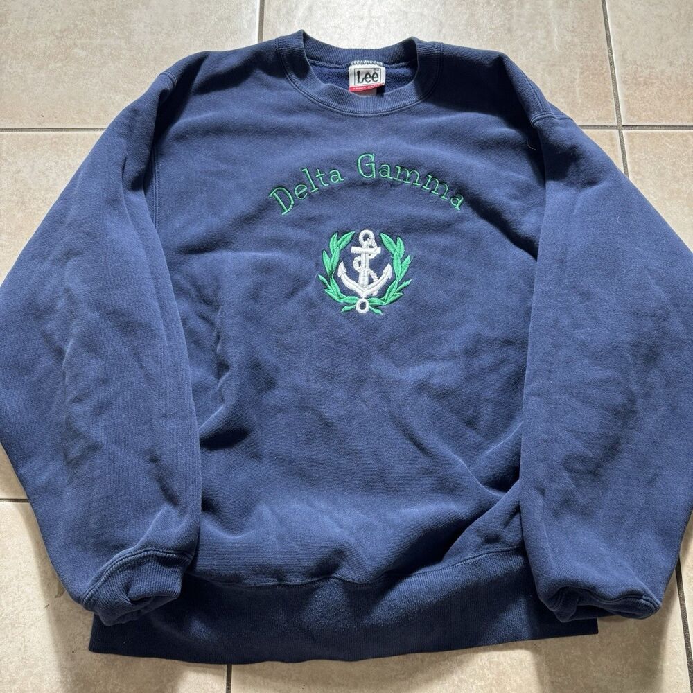 Vintage Delta Gamma Women’s Large Sorority Sweatshirt Blue 80s 90s Crewneck USA